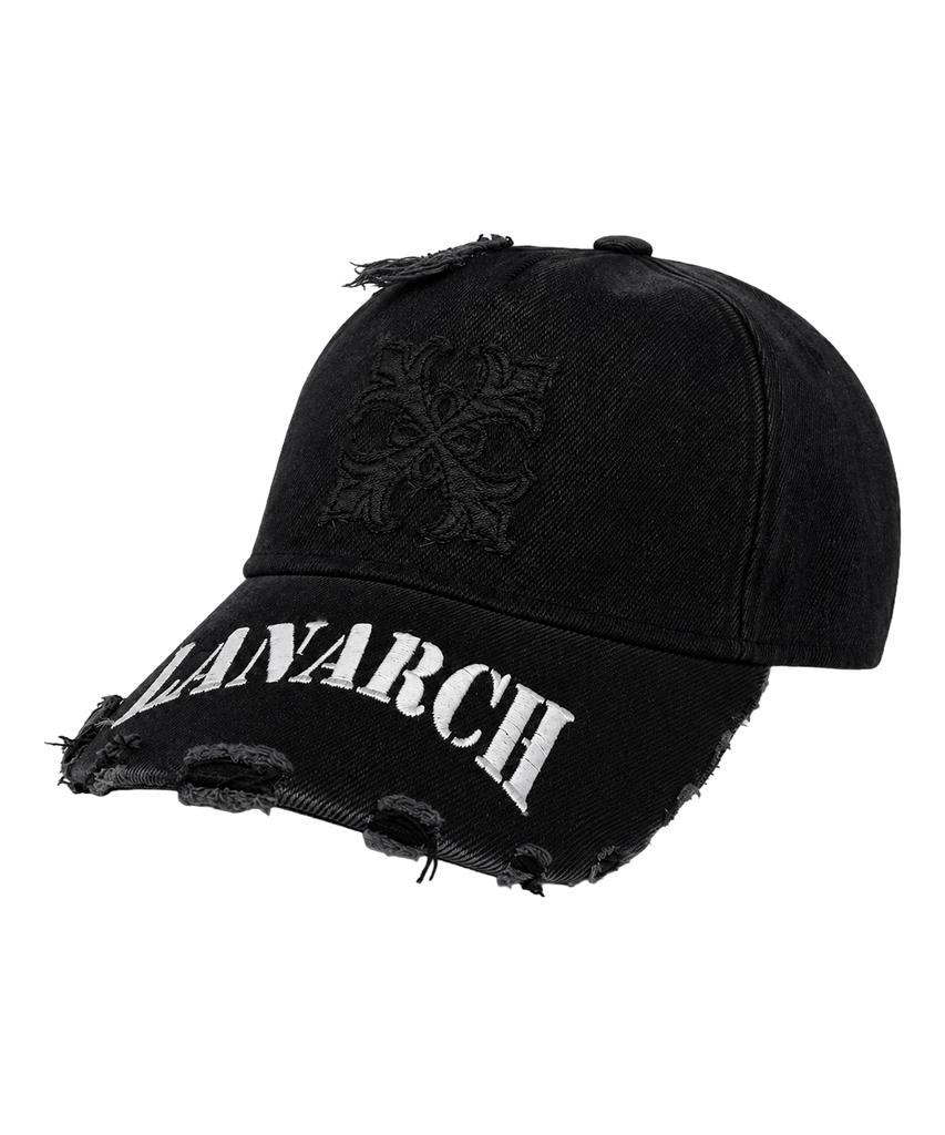 LANARCHIVE [8017] Leather Applique Vintage Ball Cap - Black (White)