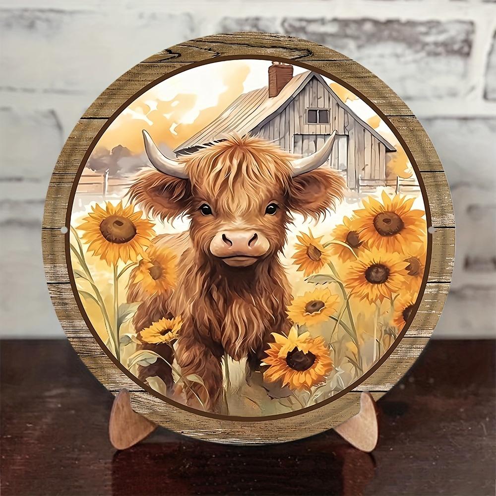 1pc, Sunflower and Highland Cattle Sign, Metal Tin Wreath Sign, Round Sign, Wreath Enhancer (8x8 Inches 20x20CM), Wall Decor