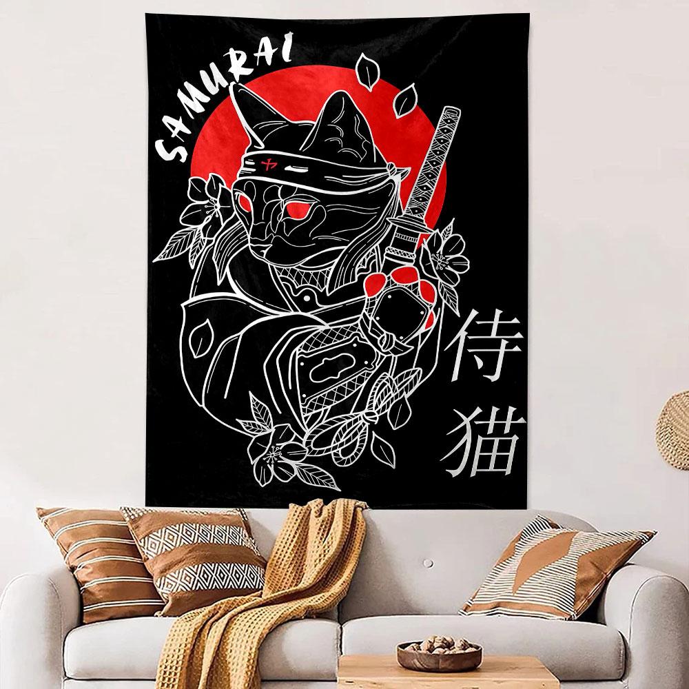Samurai Cat Tapestry Wall Hanging, Japanese Warrior Feline, Wall Decor for Bedroom Living Room Dorm