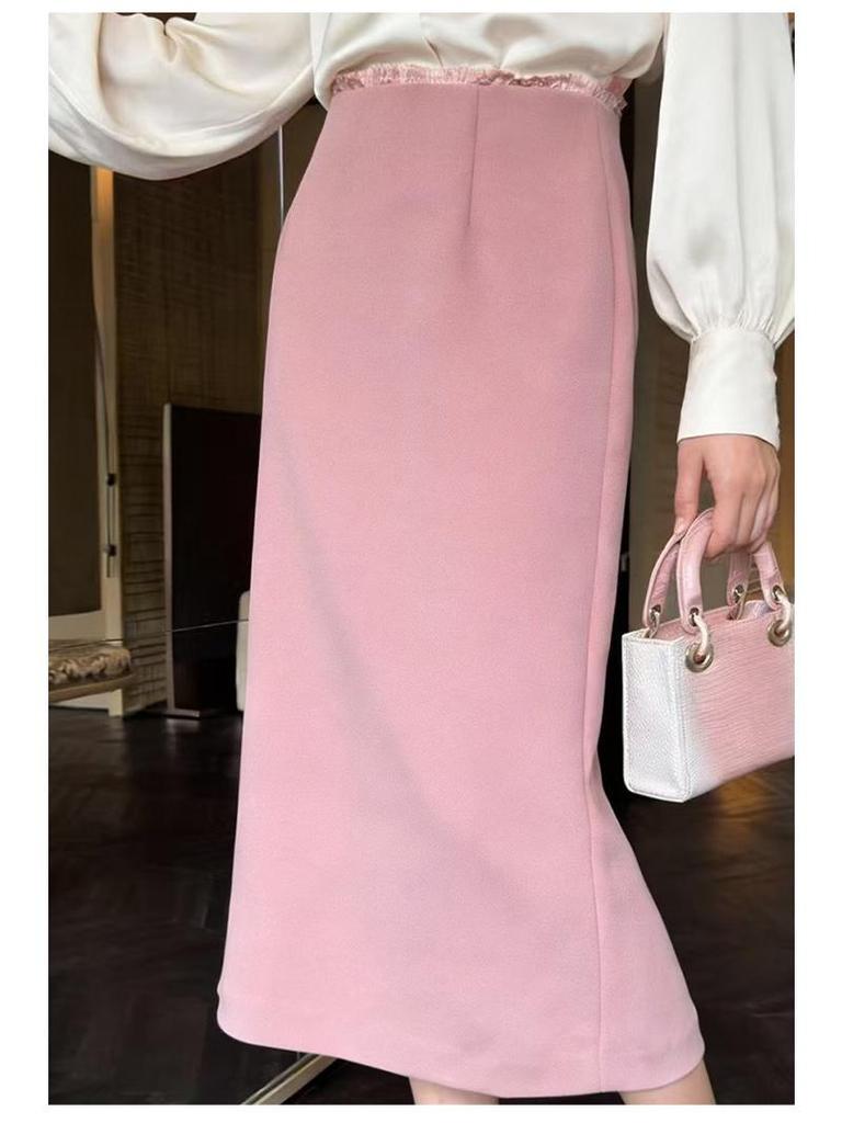 Rongtai Elegant High-Waist Lace Trim Straight Skirt with Back Slit - Women's Fashion 2026