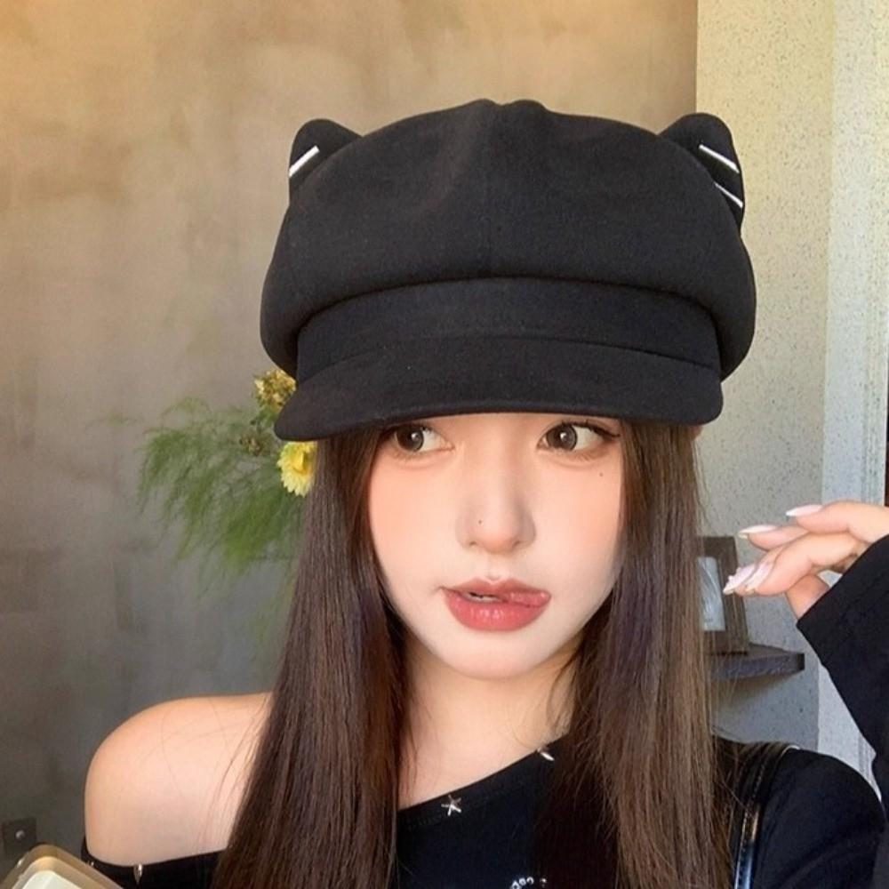 Solid Color Cat Ear Hat Woolen Octagonal Cap Casual British Beret Hat Artist