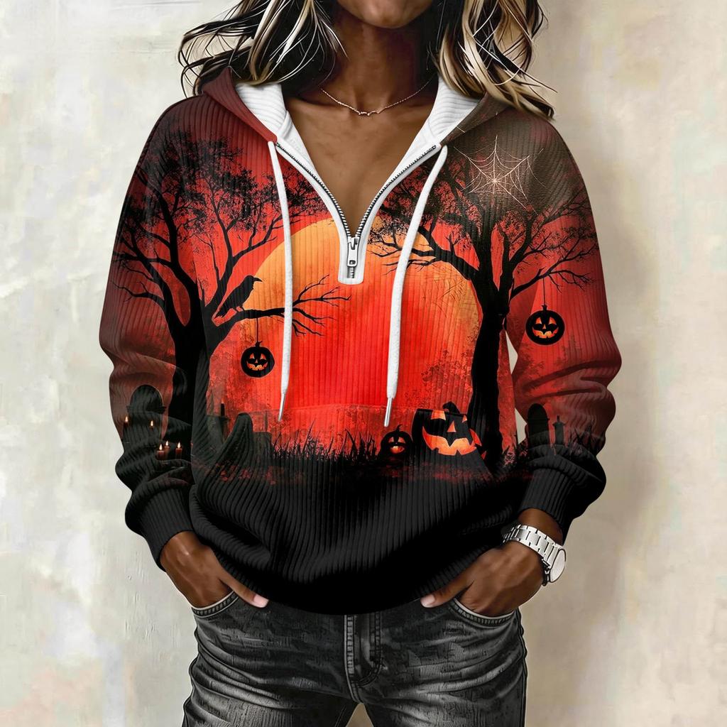 Women's Long Sleeve Halloween Print Pullover Hoodie with Drawstring Hood