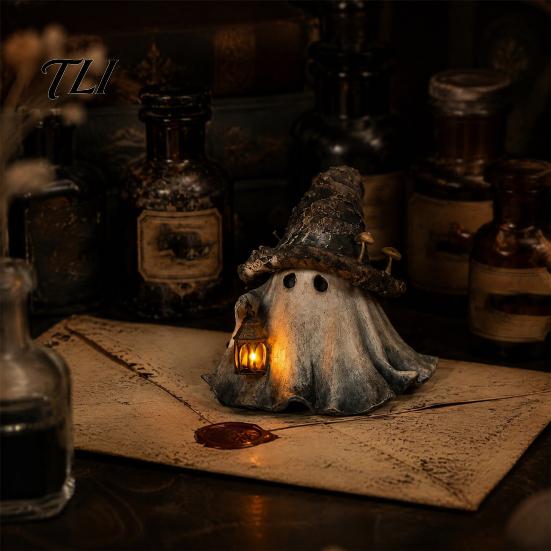 Cute Ghost Night Light Halloween Wizard Hat Resin Figurine with LED Lighted Lantern, Vintage Small Table Decor Witch Statue for Fall