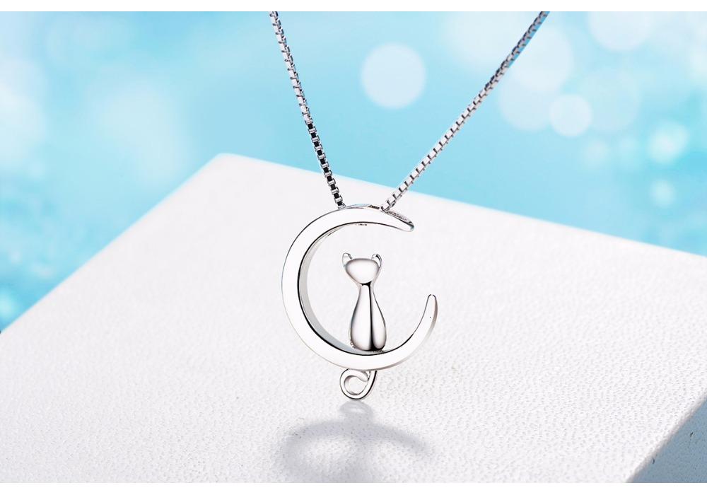 925 Sterling Silber Halskette für Damen Mond Kätzchen Katze Halsketten & Anhänger Gliederkette Kolye S-N187