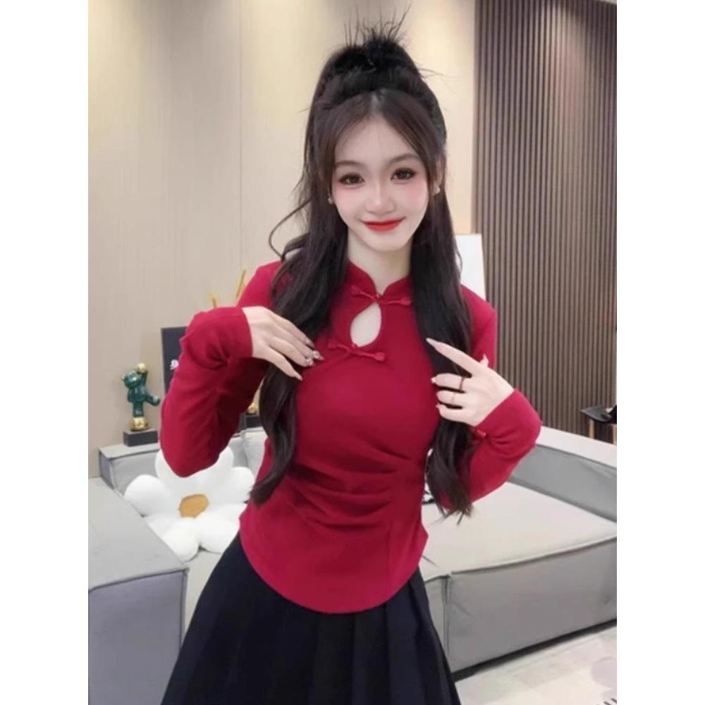 Spring 2025 Women's Slim Fit Long Sleeve Chinese High Neck Frog Button Top