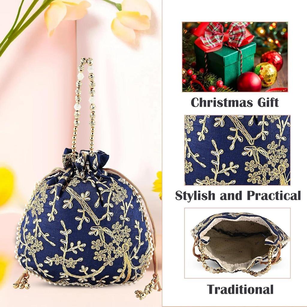 Pack of 3 Potli Bags for Ladies & Girls | Women Shagun Pouches for Festive Seasons | Embroidery Batwa Bag Bridal Purse -Dark Blue