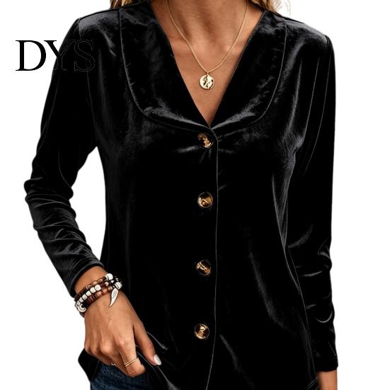 Women Velvet Blouse Fall Shirt, Button Down Long Sleeves Casual Top, Shirt Solid Color Loose for Daily Wear Work