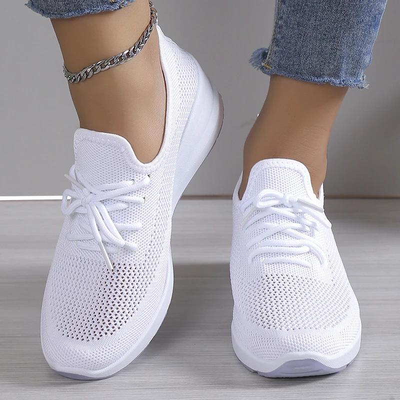 Spring Breathable Wedge Sneakers Women Mesh Knitted Platform Sports Shoes Woman Casual Non-Slip Lace Up Tennis Shoes Ladies
