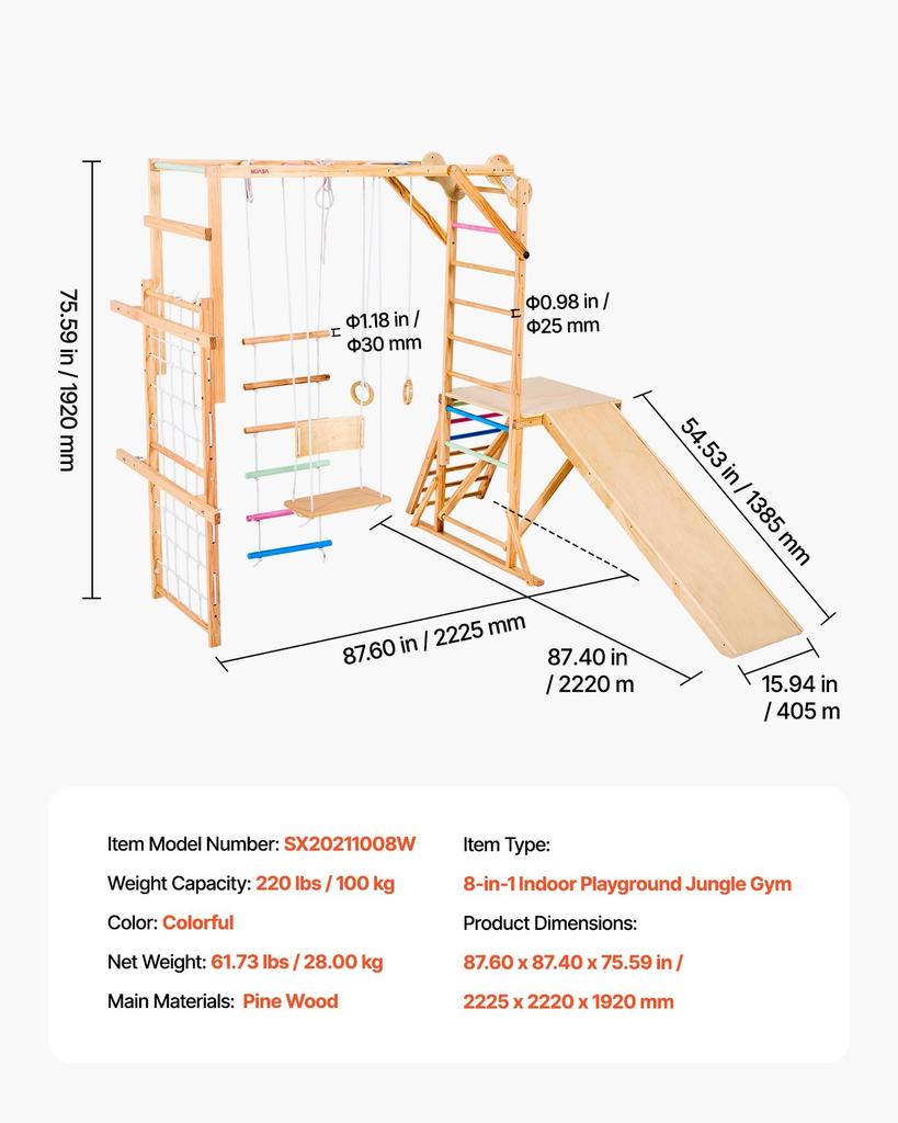 Indoor Playground Jungle Gym, 8-in-1 Wooden Indoor Playground Playset, 100KG Loading Montessori Climbing Toys with Swing, Slide, Monkey Bar, Gym
