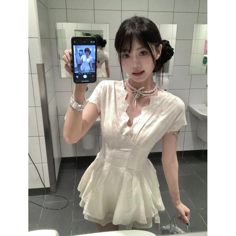 Kumikumi Pure Desire Style Hollow out Solid Temperament Short sleeve Dress Women Summer Waist Hugging Slimming All-Match A- line Skirt