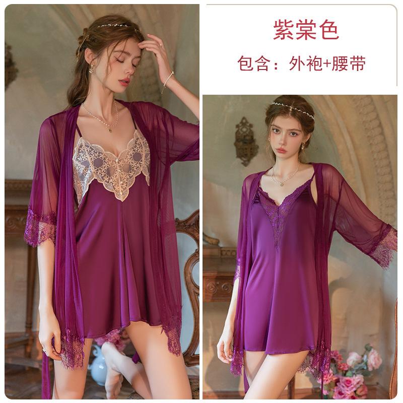 

Satin lace pearl buckle cross halter sexy temptation suspender nightdress robe loungewear set One size fits all
