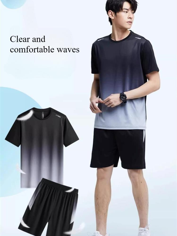 Quick Drying T-shirt Men's Sports Suit Loose Ice Silk Summer Thin Fitness Clothes Training Running Clothes Short Sleeved Top Shorts
