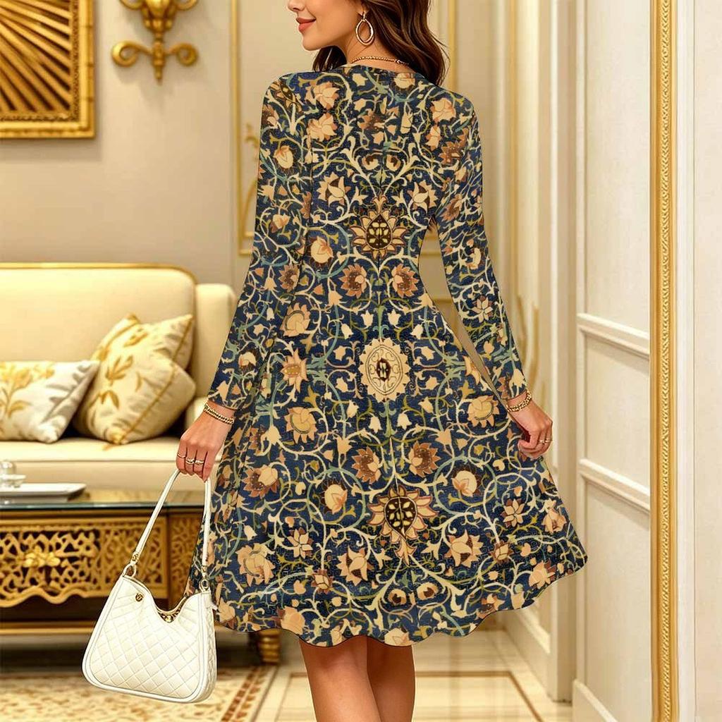 Women Long Sleeve Round Neck Midi Dress Boho Tie Dye Star Floral Dot Print Flared Casual Dress