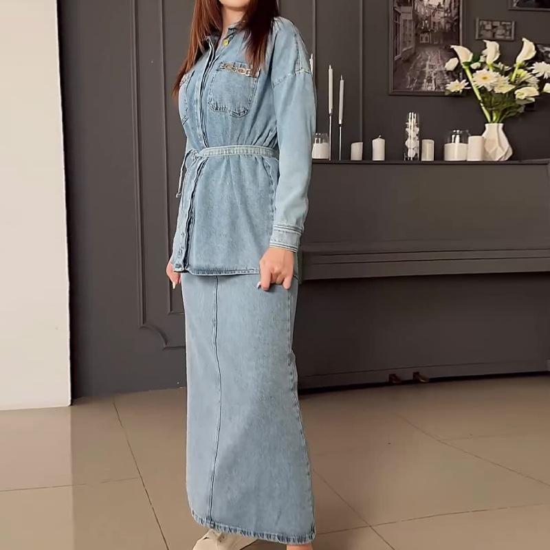 Spring Autumn European American Fashion Distressed Washed Casual Denim Blouse Skirt Suit Trend