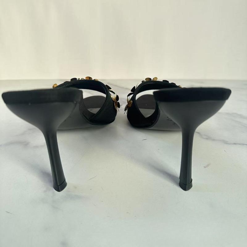 Açık Burunlu Kadın Yazlık Modern Sandaletler Metal Çiçek Dekorasyon Elbise Parti Günlük Rahat Terlikler Stiletto Kadın Yüksek Topuklu Ayakkabılar