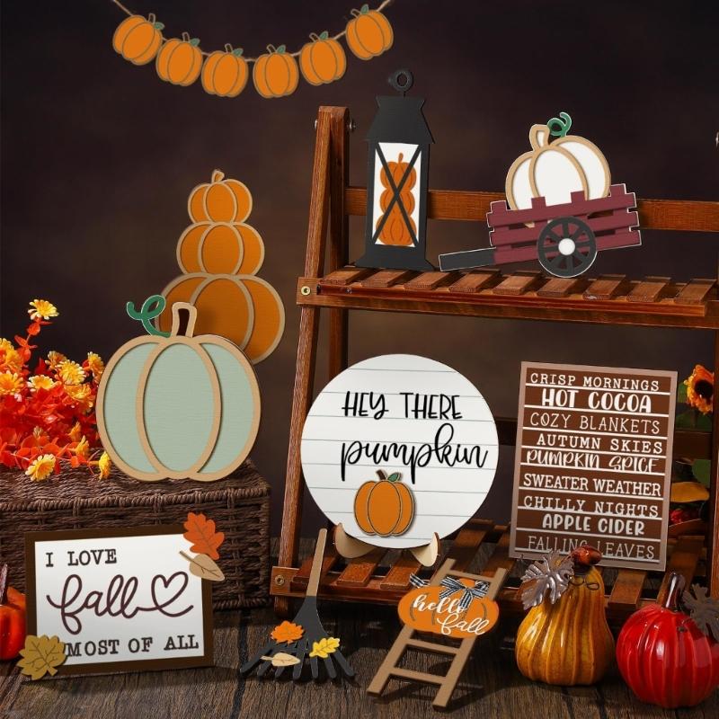 Set of 15 Fall Tiered Tray Decors Autumn Wood Sign Rustics Farmhouse Decors Table Centerpieces for Home Decorations