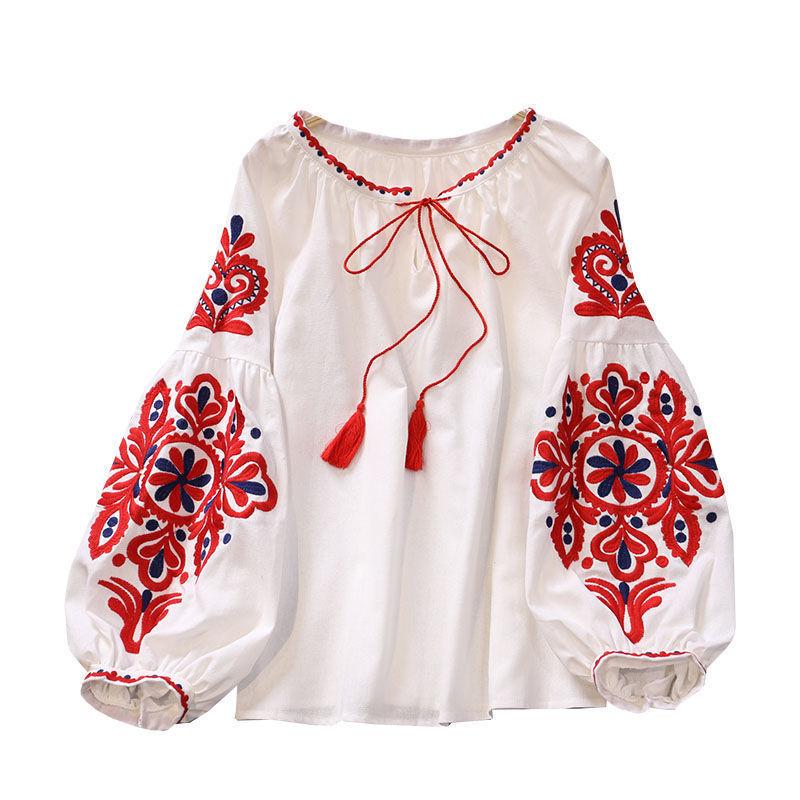 Ethnic Embroidery Floral Blouse Long Sleeve Women Shirts Vintage Tassel Lace Up Collar Blouses