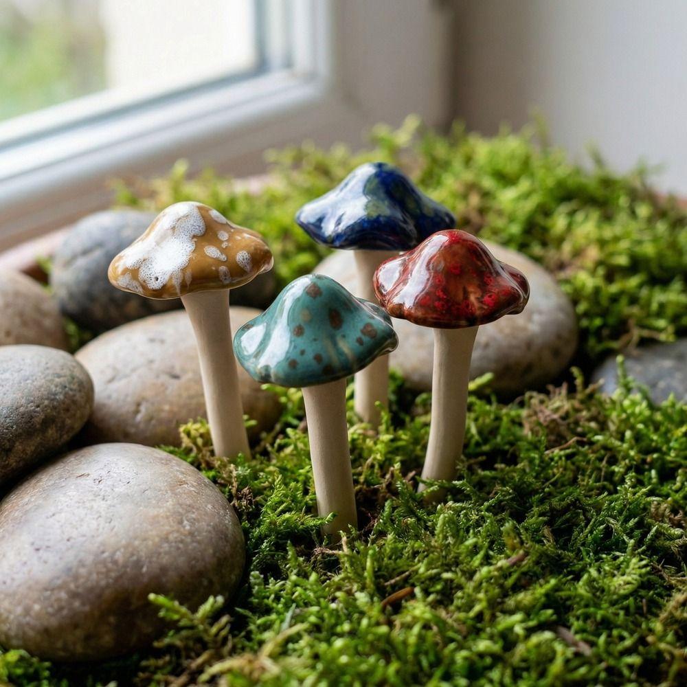 4PCS Mini Pottery Sculpture Ceramics Garden Landscape Statue Mushroom Sculpture  Courtyard Lawn
