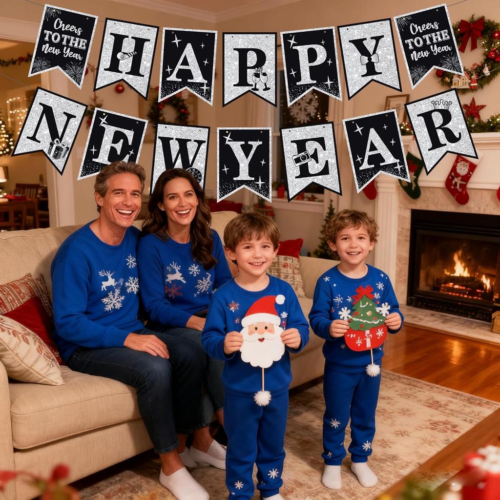 Happy New Year Decorations Hello 2026 Black Silver New Year’s Eve Banner Pre-Strung 2026 NYE Party Backdrop Supplies for Home Office School Public