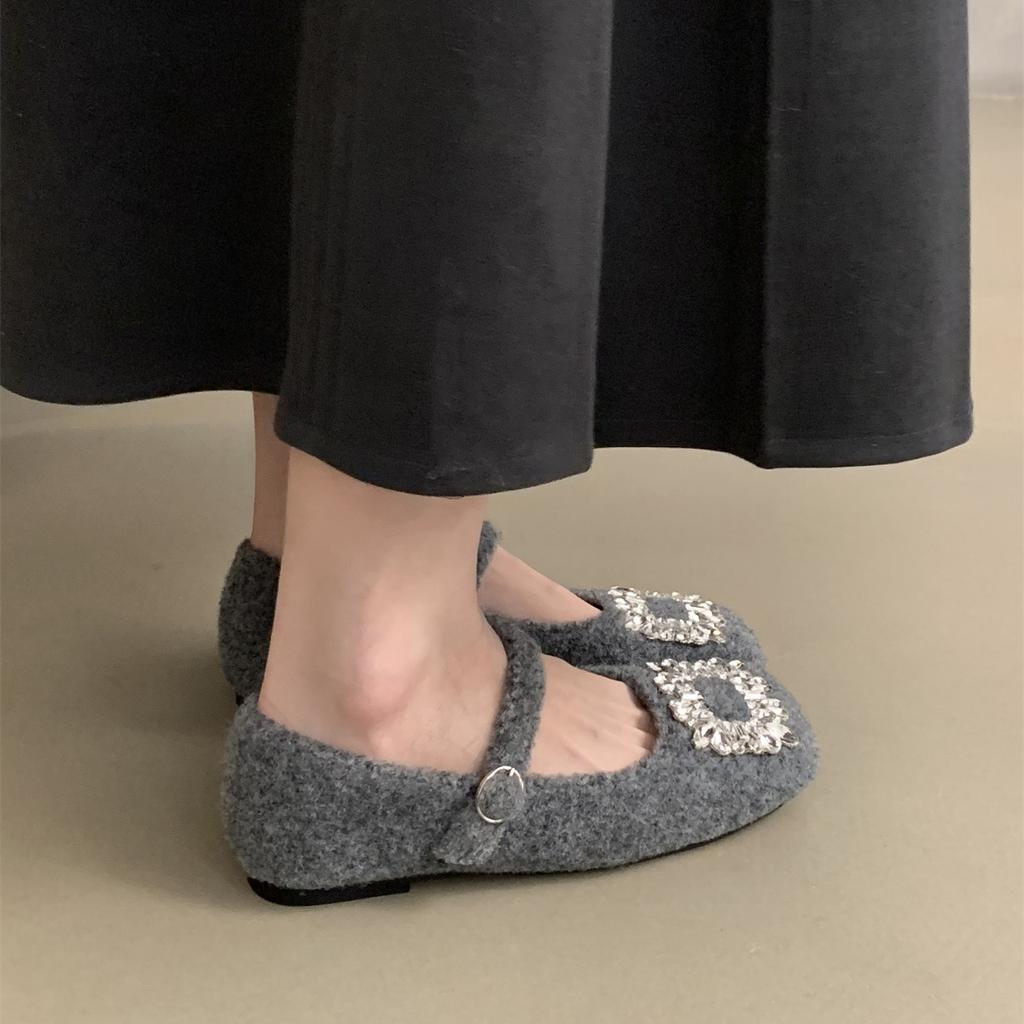 Women's temperament Mary Jane shoes women's velvet French evening breeze square head rhinestone woolen shoes women's winter wear single shoes