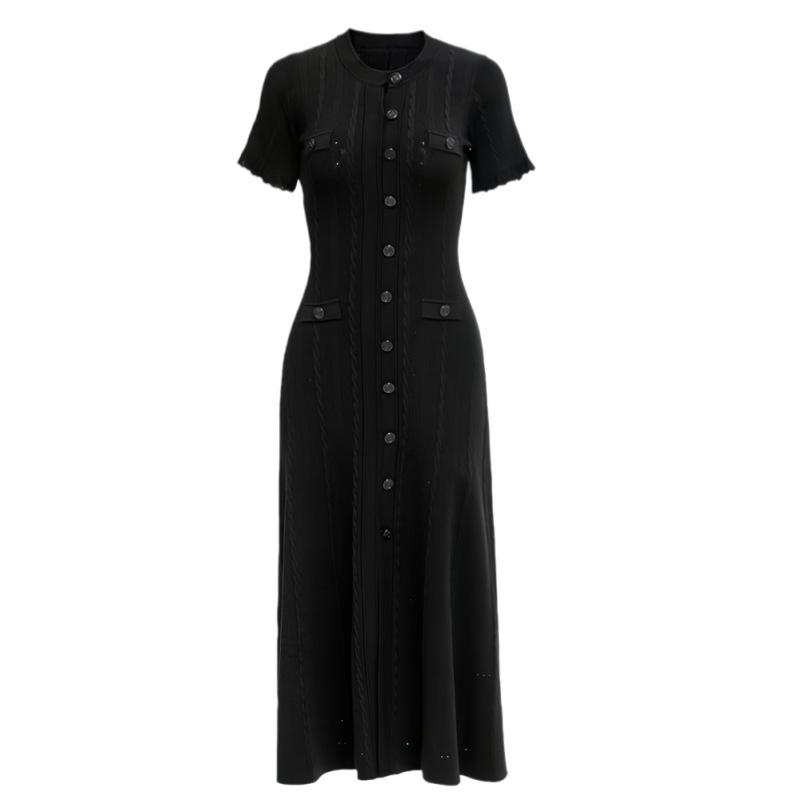 Button Front Short Sleeve Knit Dress with Side Pockets