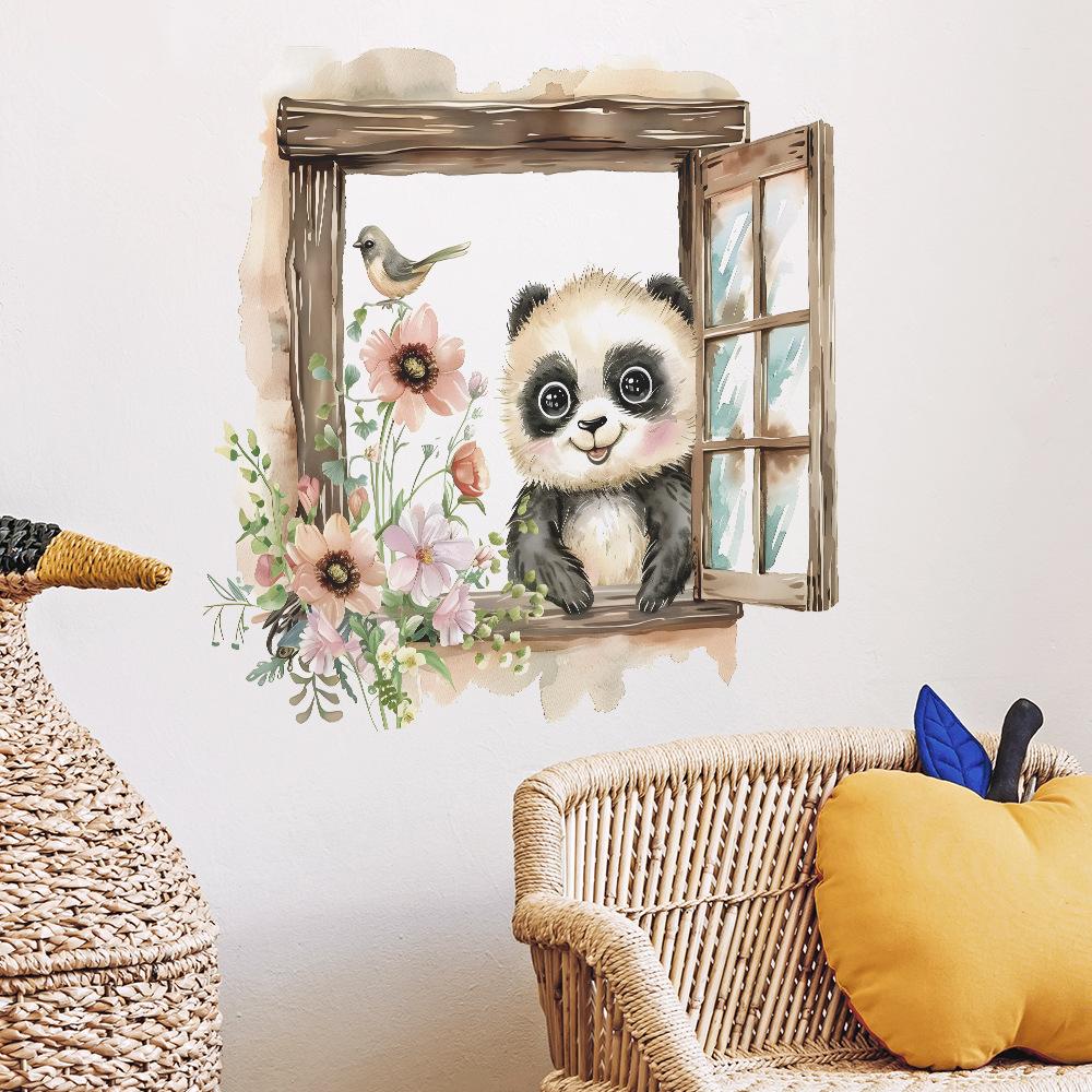 Fun-b54 False Window Panda Children's Room Kindergarten Home Background Landscaping Wall Sticker
