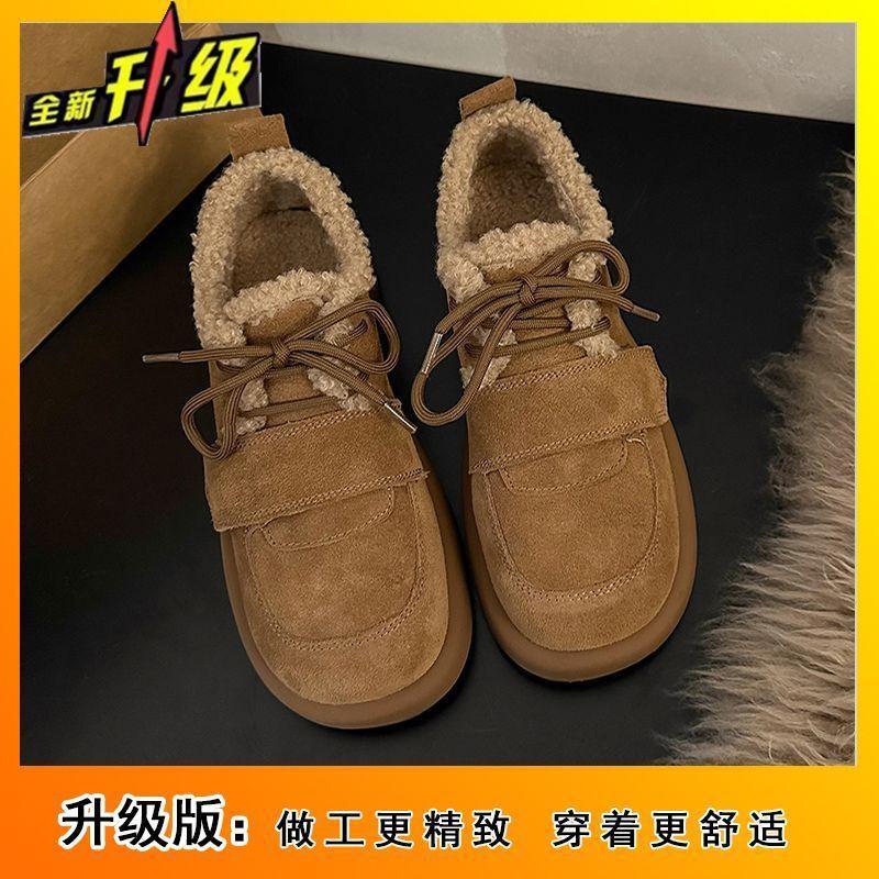 

2025 новая осенне-зимняя ретро универсальная всеохватывающая шнуровка платформа Birkenstocks женские увеличивающие рост плюшевые нескользящие хлопковые туфли 35