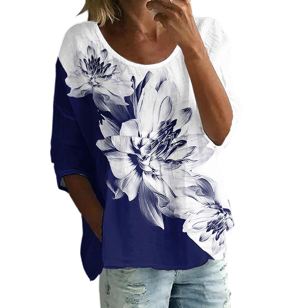 Damen Casual Mode Dreiviertelarm Locker Rundhals Floral Bedrucktes Oberteil