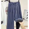 Women's High Waist Plaid Button Front Loose Wide Leg Casual Long Check Pants