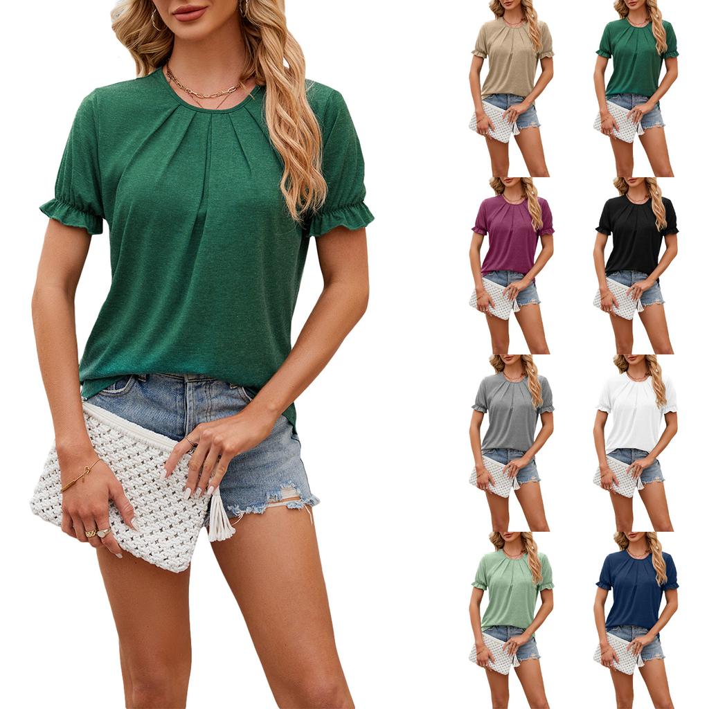 Women's Spring Summer Casual Loose T Shirt Solid Color Round Neck Short Sleeve Basic Top