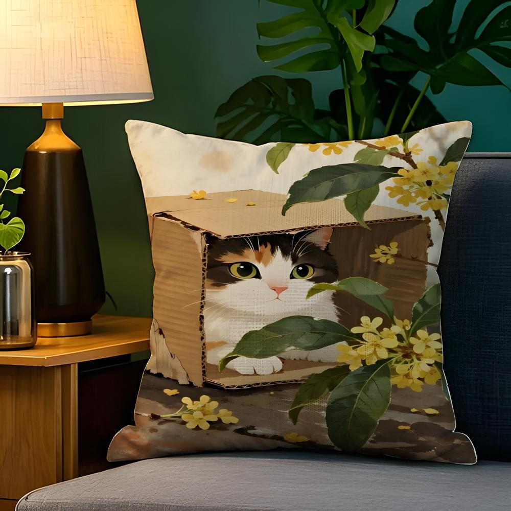 Cute cat illustration decoration  Pillow Case Natural Linen Pillow Case DoubleSided Decor Sofa Pillowcase Home Decor