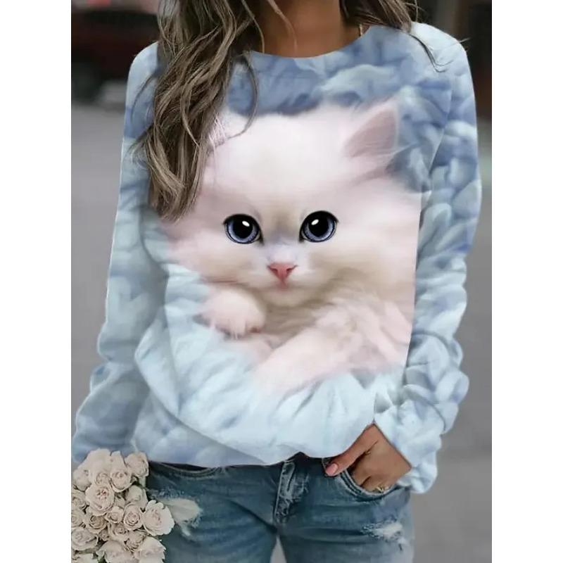 Fashion Women'S Long Sleeves T-Shirt Funny Cat 3D Print Top Woman T Shirt Casual Clothing Summer Female Tshirt