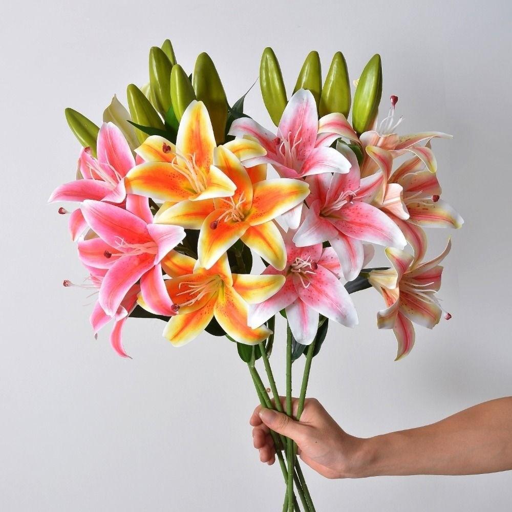 With 3pcs Flowers and 2pcs Bud Artificial Lily Flower 67cm 6 Colors Fake Flowers Dining Table Decoration Flowers Home Decoration