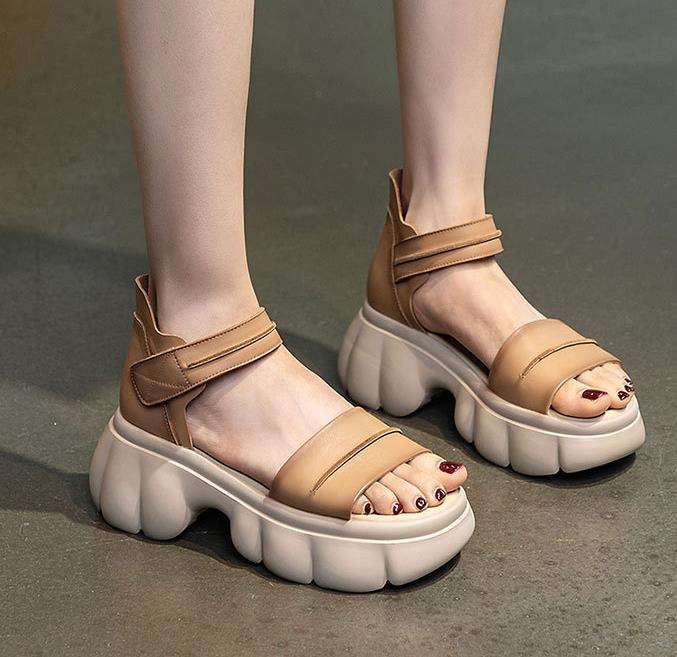 Fashion 7CM Genuine Leather Sandals Women 2025 Summer Cool Boots Open Toe Hook And Loop Thick High Heel Platform Casual Sandals Lady