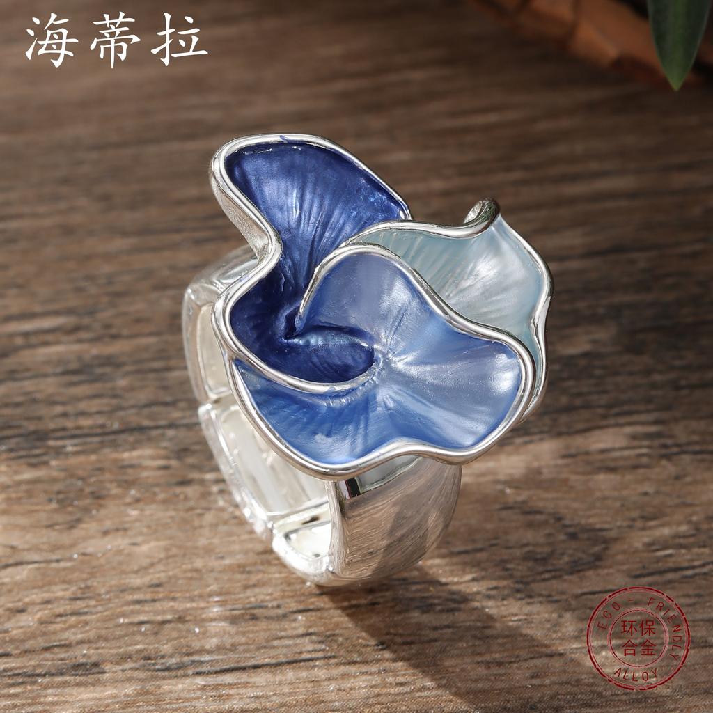 Kolorowy Obraz Olejny Geometryczny Płatkowy Pierścionek Rozciągliwy Modny Wszechstronny Damski Kwiat Stop Diament