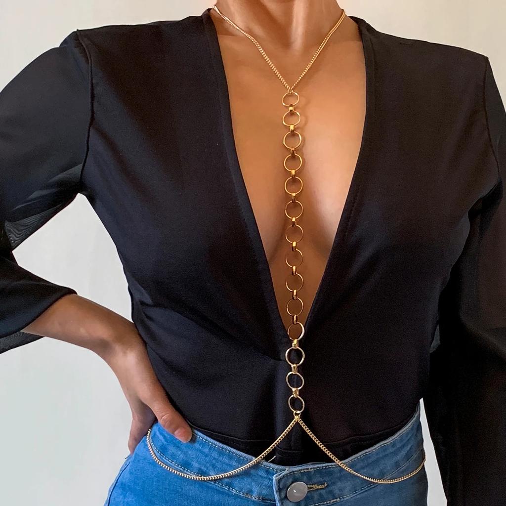 IngeSight.Z Simple Style Chain Necklace Belly Body Chain Fashion Sexy Copper Sequins Body Chain Jewelry for Women Beach Party