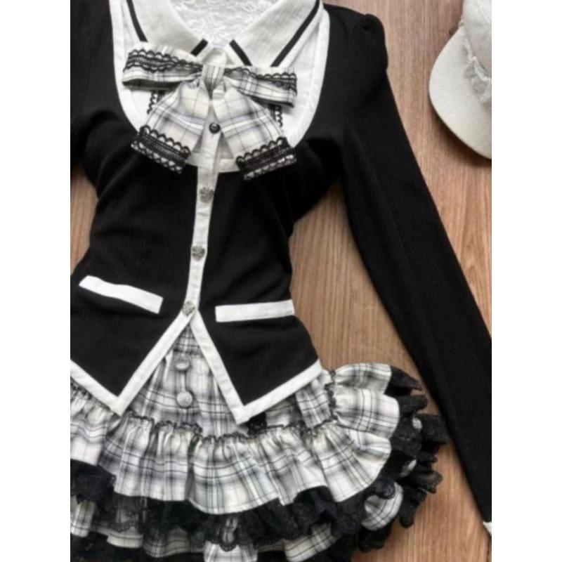 Autumn Winter Bow Lapel 2-piece Set Women Design Vintage Long Sleeve Slim Patchwork Tops + Thin High Waist Ruffle Skirt Suit New