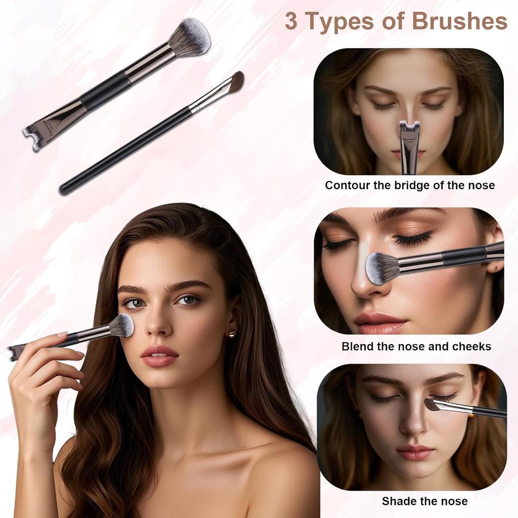 2pcs Nose Contour Brushes Set, 2-in-1 U-Shaped Fluffy & Angled Tilt Brush for Precise Nose Sculpting, Highlighting, Defining, Seamless Contouring for