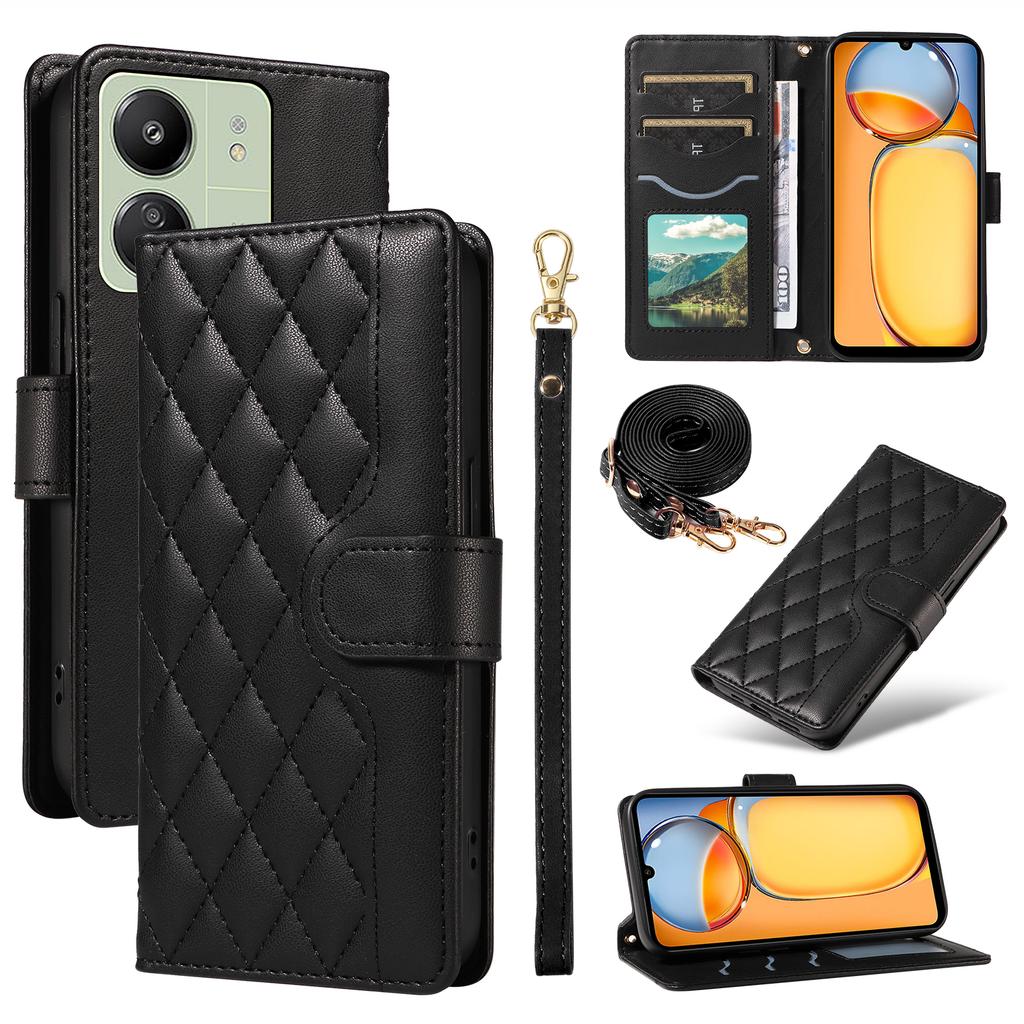 For Xiaomi Redmi 13C 5G/13C 4G/13R 5G/ Poco C65 4G/Poco M6 5G Case Wallet Rhombus Leather Phone Cover with Shoulder Strap,Wrist Strap