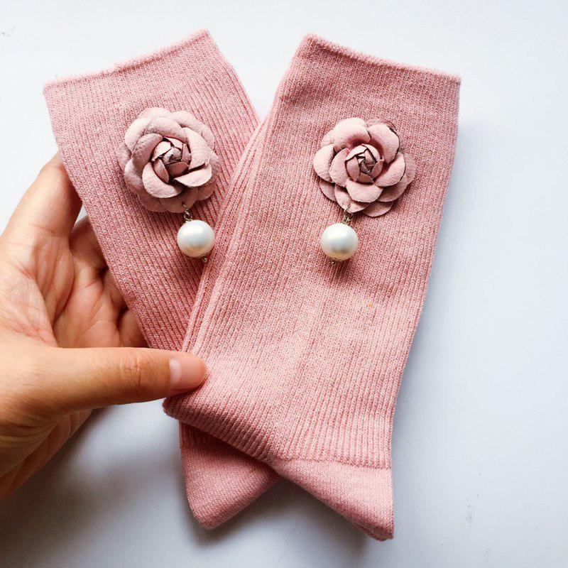 1Pair Women Retro Autumn Winter Cotton 3D Camellia Flower Pearl Solid ...