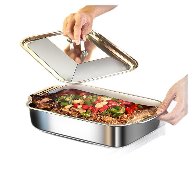 Thickened Deepened Rectangular Non-stick Stainless Steel Grilled Fish Pan with Lid