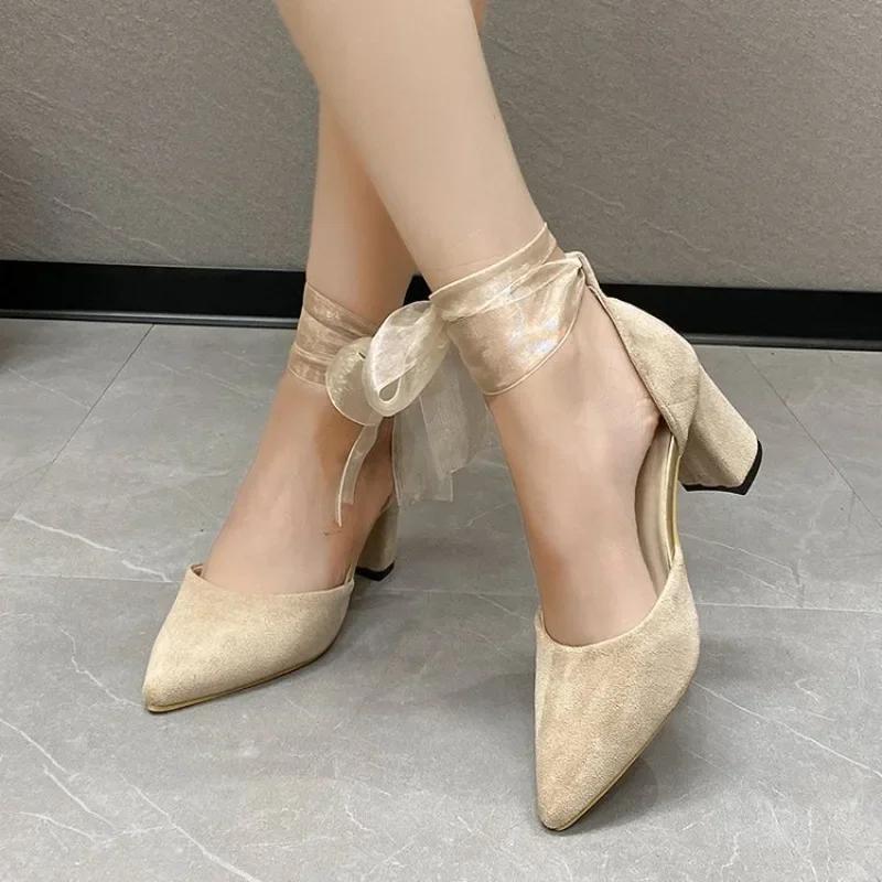 Women's Shoes Lace-up Women's High Heels Fashion Cover Heel Dress Pumps Women New Pointed Toe Heels Women Zapatos