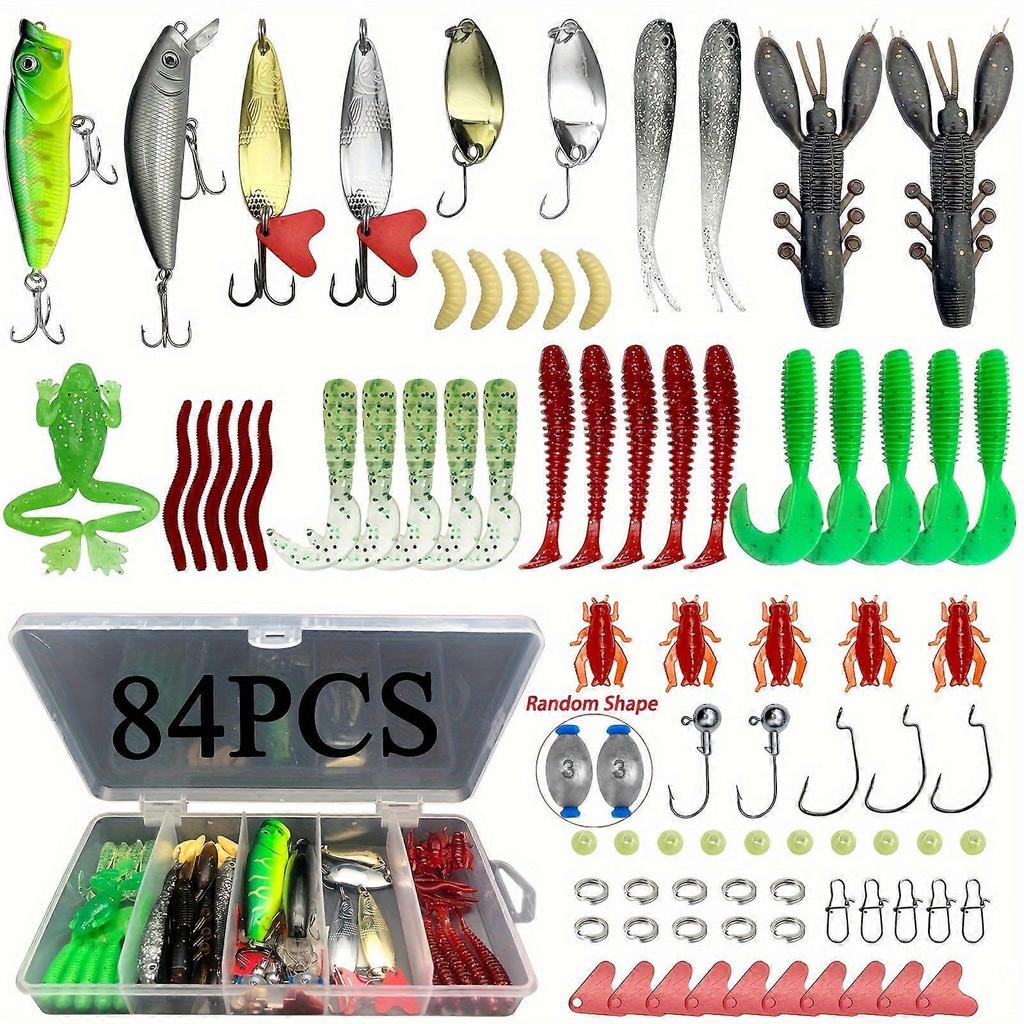 79pcs Fishing Lures Kit for Bass, Trout, Salmon – Topwater Jigs, Minnows, Poppers, Spoons, Soft Worms – Compatible with All Rods