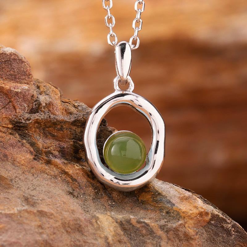 Natural Sea Pattern Stone Hetian Jade Pearl Colored Treasure Necklace Women'S S925 Sterling Silver Pendant Simple Fashion Design Jewelry