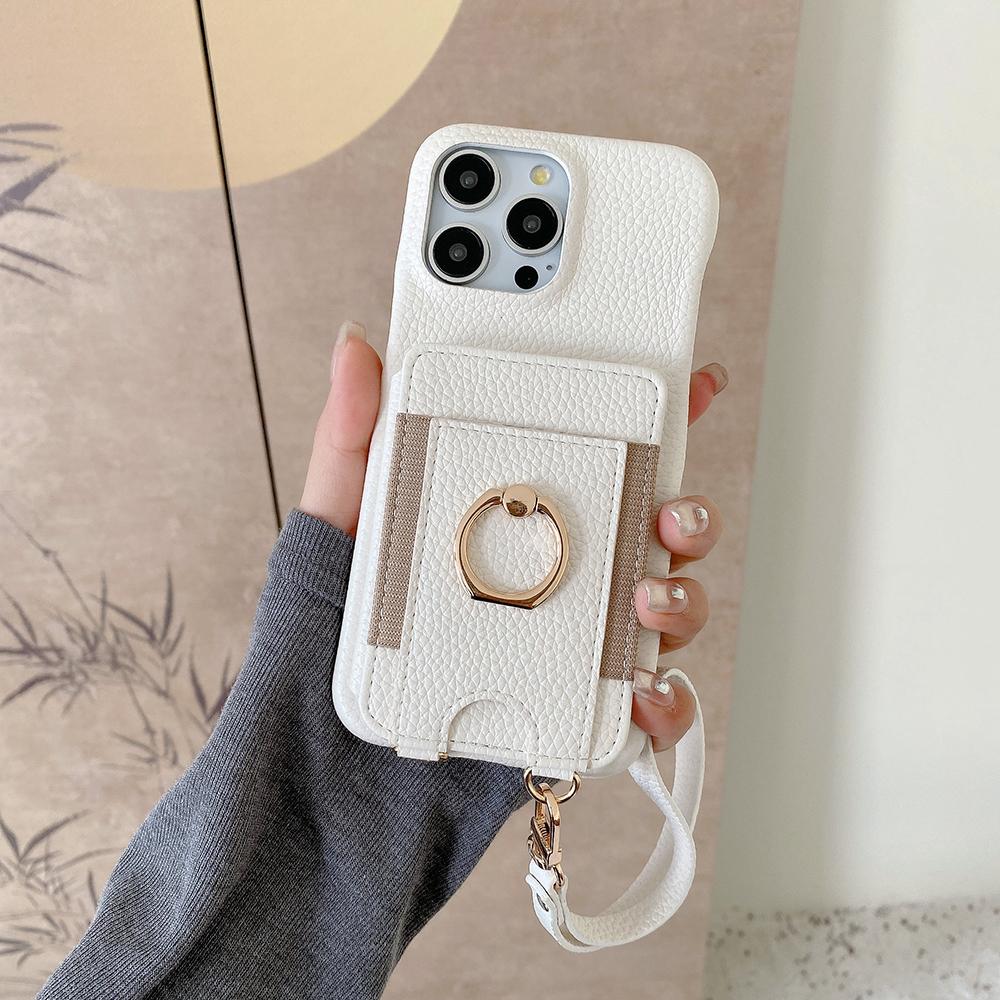 For iPhone 14 Pro Case Card Slots Kickstand PU Leather Back Cover with Ring Holder,Wrist Strap