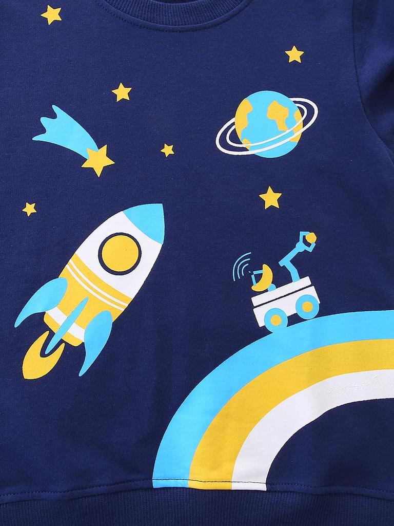 Autumn European & American Style Boys' Rocket Print Hoodie - Knit Cotton Children's Sportswear