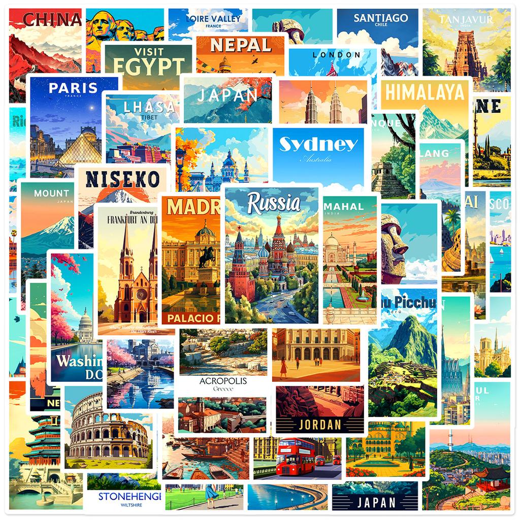 50Pcs/Set Famous City Landmarks Mini Poster Stickers DIY Fashion Waterproof Doodle Decals Stickers (2 Styles)