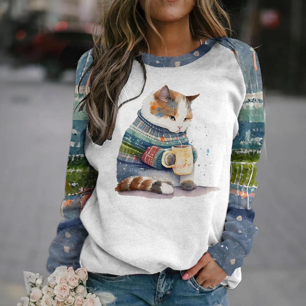 Cotton Long Sleeve T-Shirts For Women Funny Kawaii Cat Animals Print Sweatshirts Female Cute O-Neck Pullover Woman Sweatshirt