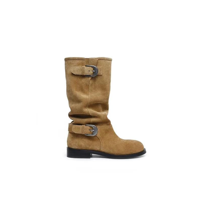 Women's Boots French Retro Belt Buckle Long Leg Knight Boots  New British Style Patchwork Pleated Calf Comfort Botas Mujer