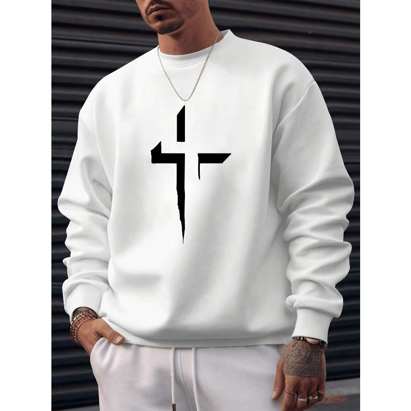 Cross Print Men's Versatile And Trendy Long Sleeve Casual Pants Outfits, Sweatshirt And Sweatpants For Spring/Fall Outdoor